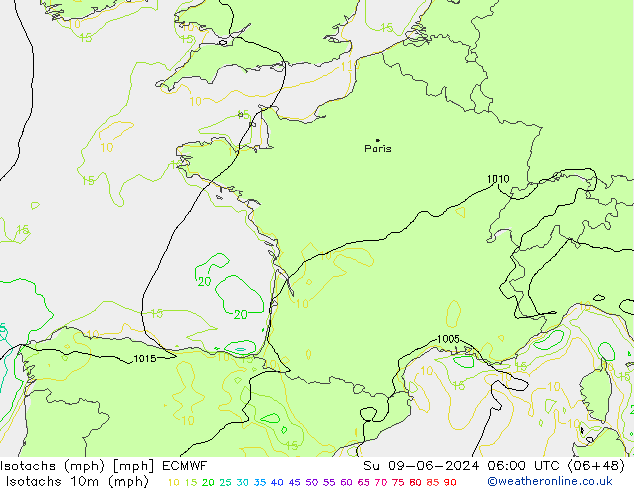 Isotachs (mph) ECMWF Su 09.06.2024 06 UTC