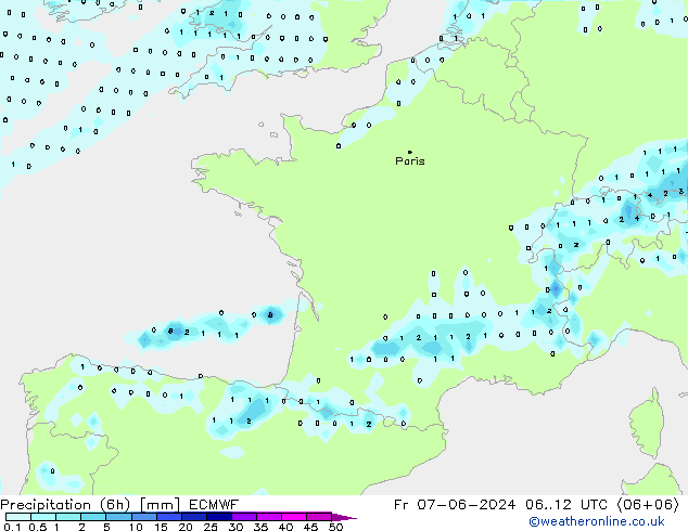 Precipitation (6h) ECMWF Fr 07.06.2024 12 UTC