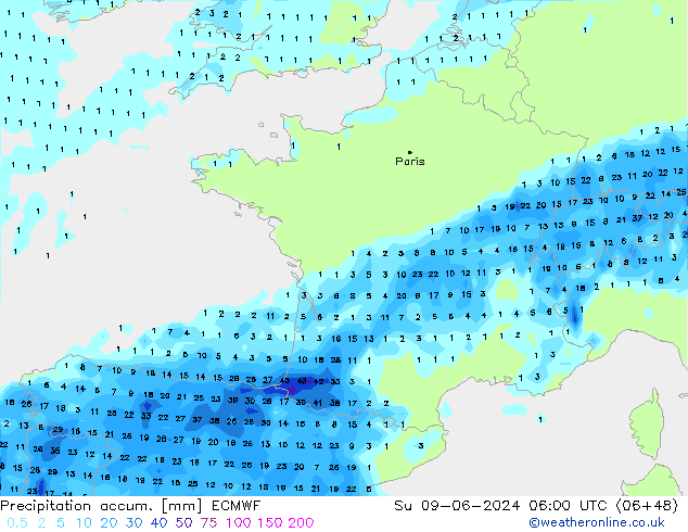 Precipitation accum. ECMWF Su 09.06.2024 06 UTC