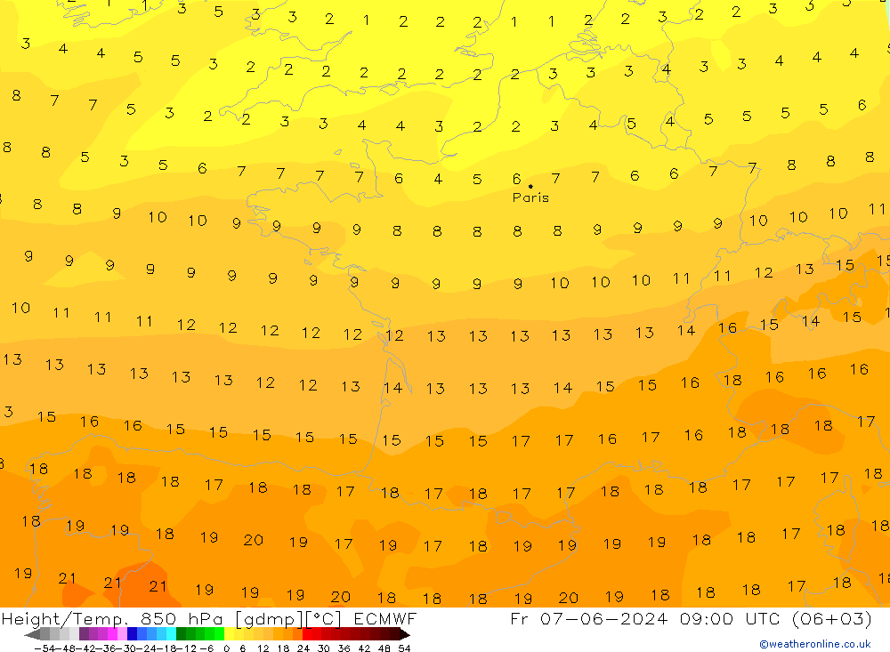 Height/Temp. 850 hPa ECMWF Fr 07.06.2024 09 UTC