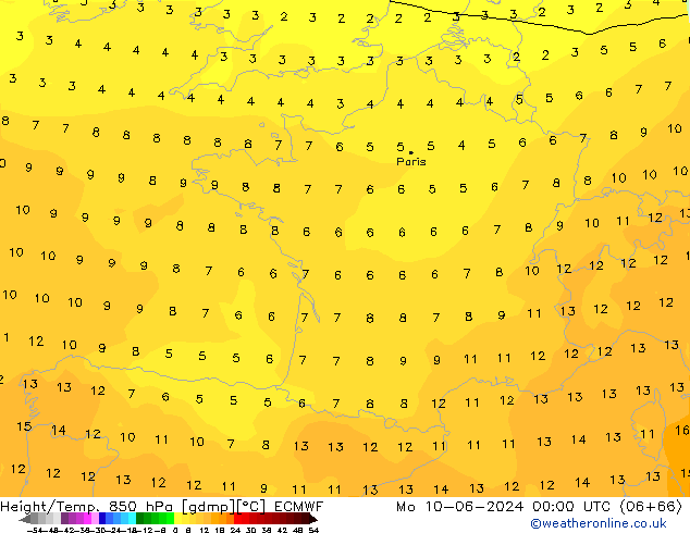 Height/Temp. 850 hPa ECMWF Po 10.06.2024 00 UTC