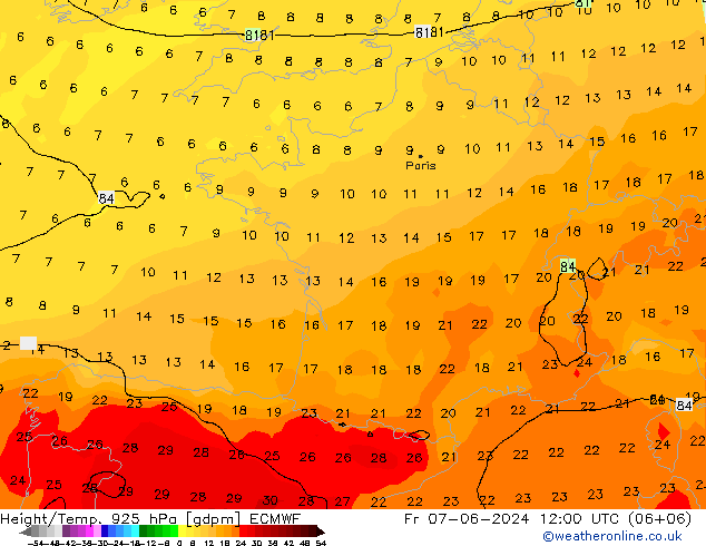 Height/Temp. 925 hPa ECMWF Fr 07.06.2024 12 UTC