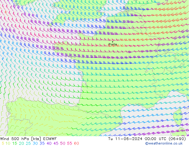 Vento 500 hPa ECMWF mar 11.06.2024 00 UTC