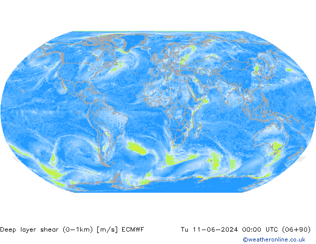 Deep layer shear (0-1km) ECMWF wto. 11.06.2024 00 UTC