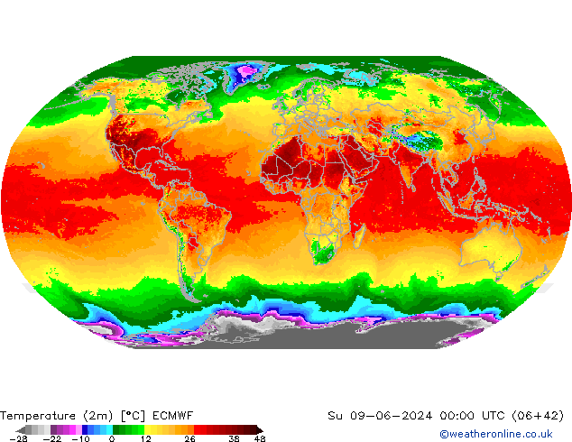 mapa temperatury (2m) ECMWF nie. 09.06.2024 00 UTC