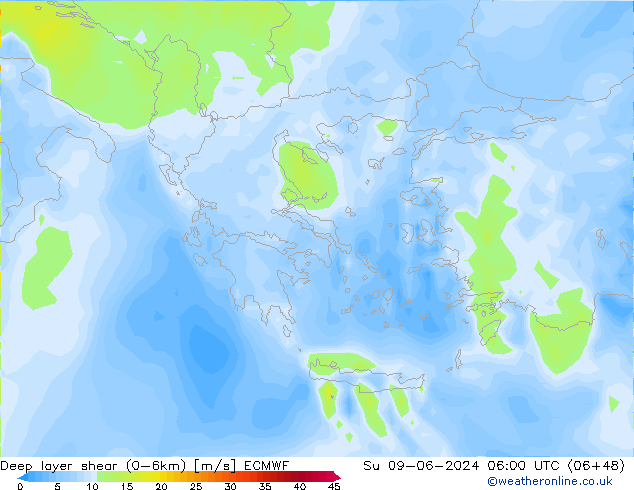 Deep layer shear (0-6km) ECMWF So 09.06.2024 06 UTC