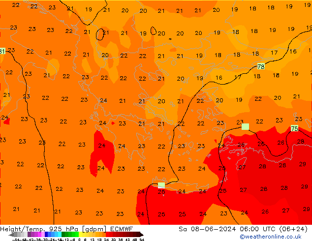 Height/Temp. 925 hPa ECMWF so. 08.06.2024 06 UTC