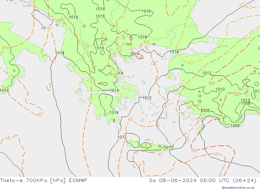 Theta-e 700hPa ECMWF Sa 08.06.2024 06 UTC