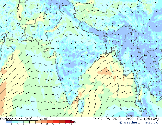 Surface wind (bft) ECMWF Pá 07.06.2024 12 UTC