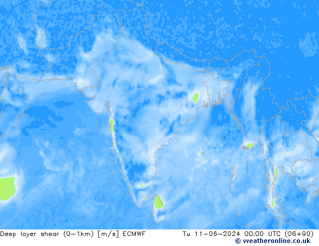 Deep layer shear (0-1km) ECMWF Sa 11.06.2024 00 UTC