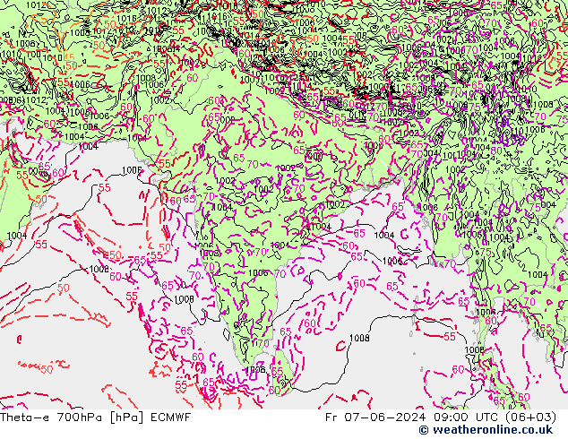 Theta-e 700hPa ECMWF Pá 07.06.2024 09 UTC