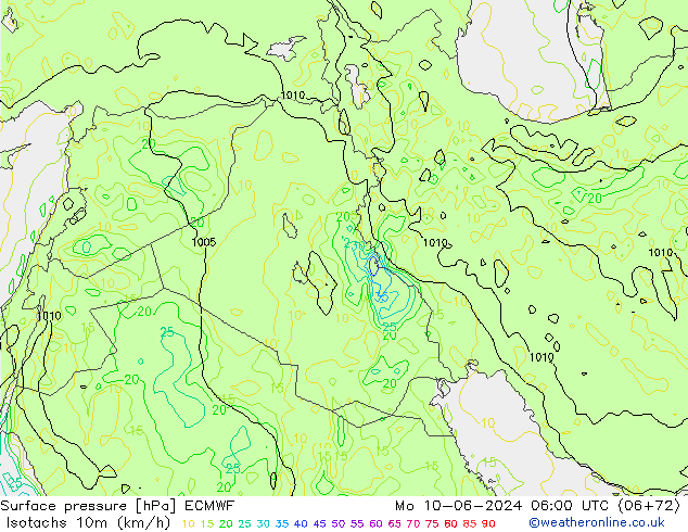 Izotacha (km/godz) ECMWF pon. 10.06.2024 06 UTC