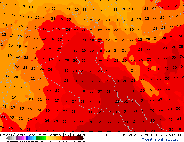 Height/Temp. 850 hPa ECMWF Út 11.06.2024 00 UTC