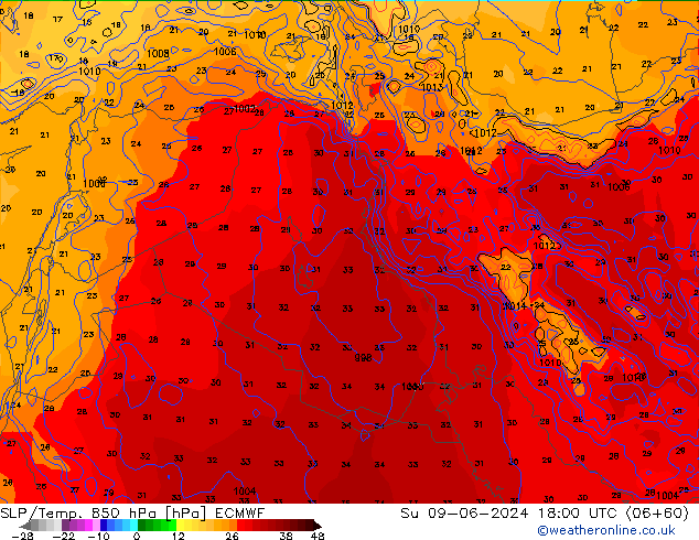 850 hPa Yer Bas./Sıc ECMWF Paz 09.06.2024 18 UTC