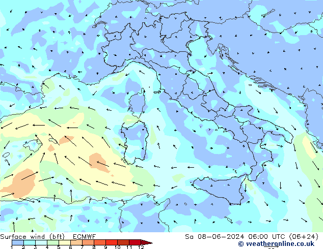 wiatr 10 m (bft) ECMWF so. 08.06.2024 06 UTC