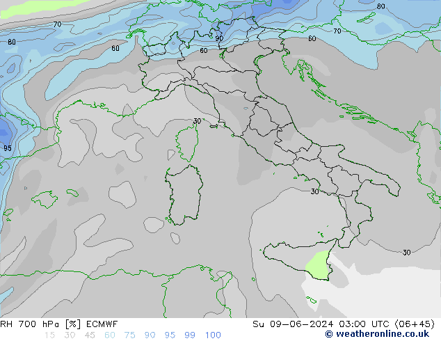 RH 700 hPa ECMWF Su 09.06.2024 03 UTC