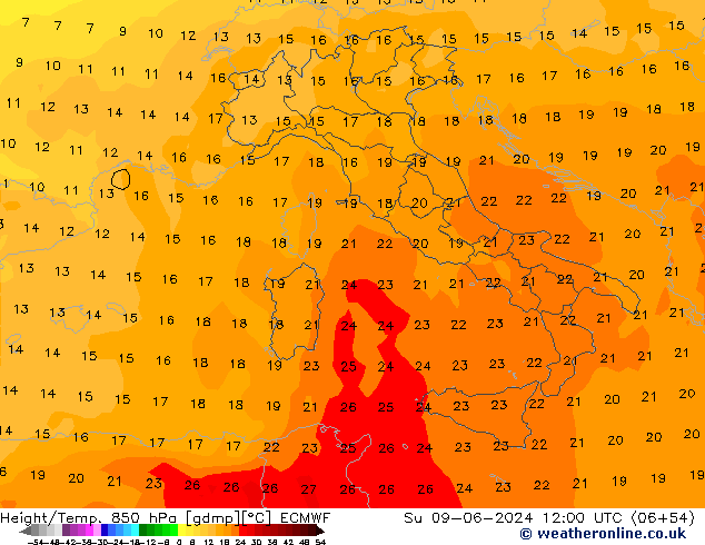 Height/Temp. 850 hPa ECMWF Dom 09.06.2024 12 UTC