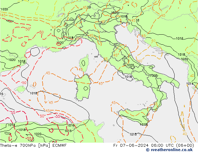 Theta-e 700гПа ECMWF пт 07.06.2024 06 UTC