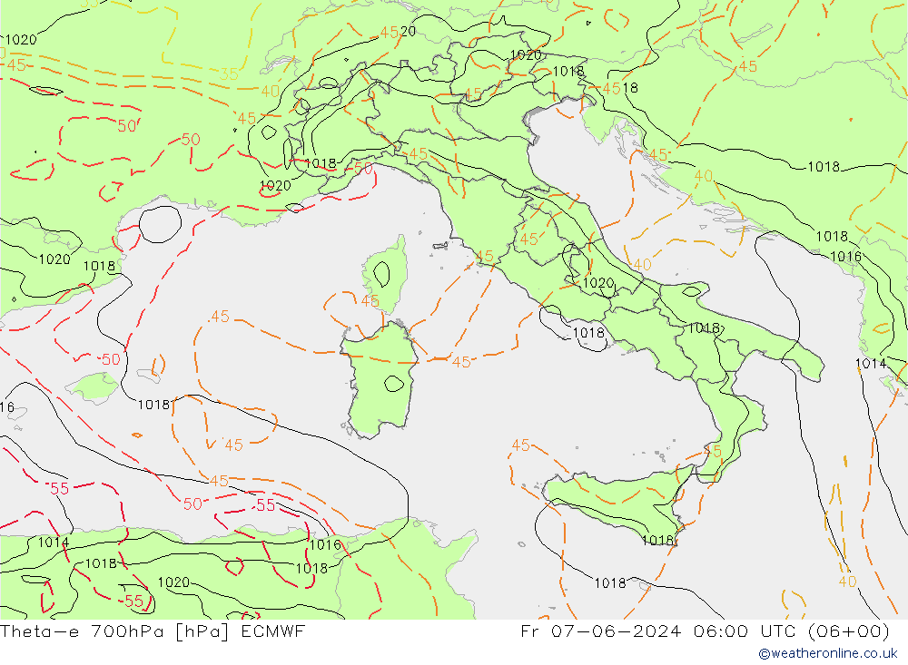Theta-e 700hPa ECMWF ven 07.06.2024 06 UTC