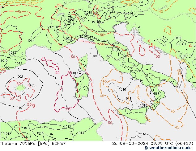 Theta-e 700гПа ECMWF сб 08.06.2024 09 UTC