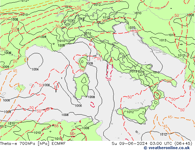 Theta-e 700hPa ECMWF Dom 09.06.2024 03 UTC