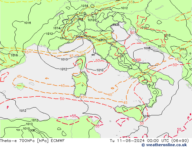 Theta-e 700hPa ECMWF Út 11.06.2024 00 UTC