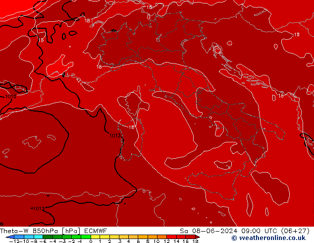 Theta-W 850hPa ECMWF za 08.06.2024 09 UTC