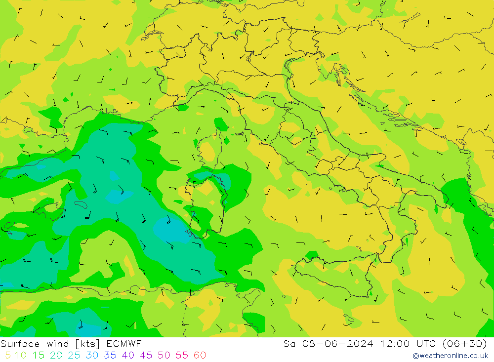 Wind 10 m ECMWF za 08.06.2024 12 UTC