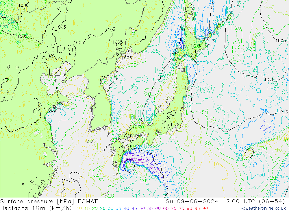 Isotachs (kph) ECMWF dim 09.06.2024 12 UTC
