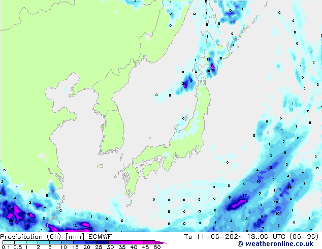 Precipitation (6h) ECMWF Tu 11.06.2024 00 UTC