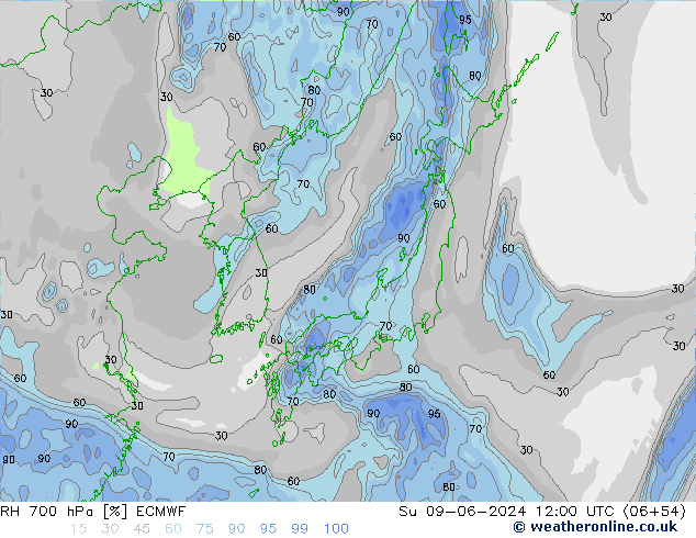 RH 700 hPa ECMWF Ne 09.06.2024 12 UTC