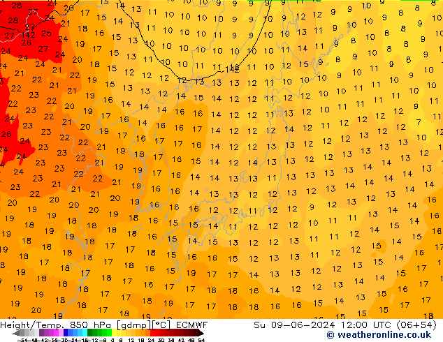 Height/Temp. 850 hPa ECMWF Ne 09.06.2024 12 UTC