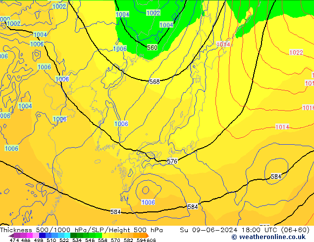 Schichtdicke 500-1000 hPa ECMWF So 09.06.2024 18 UTC