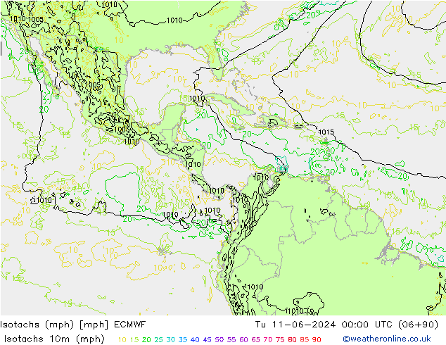 Isotachs (mph) ECMWF Tu 11.06.2024 00 UTC