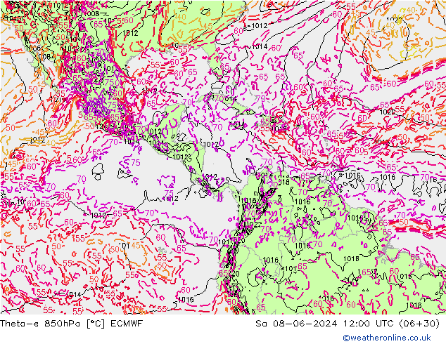 Theta-e 850hPa ECMWF So 08.06.2024 12 UTC