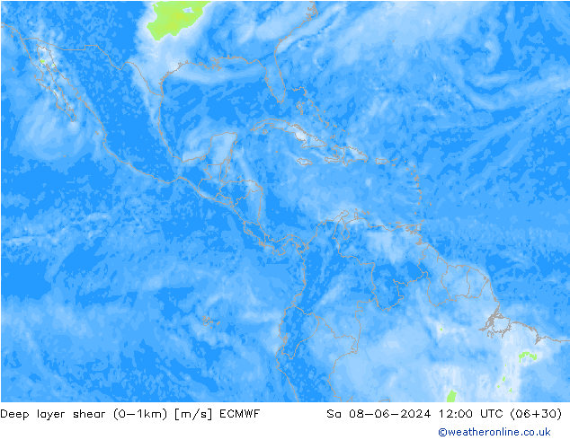 Deep layer shear (0-1km) ECMWF Sa 08.06.2024 12 UTC