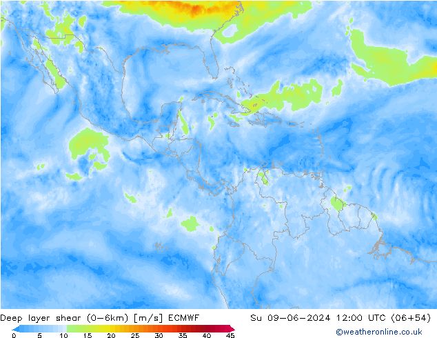 Deep layer shear (0-6km) ECMWF  09.06.2024 12 UTC