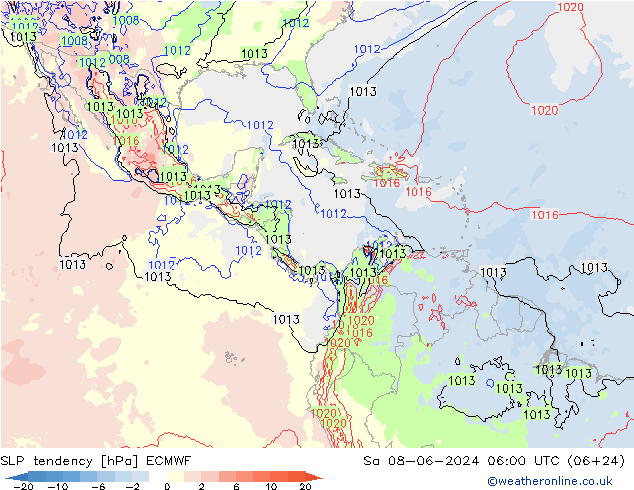 Druktendens (+/-) ECMWF za 08.06.2024 06 UTC