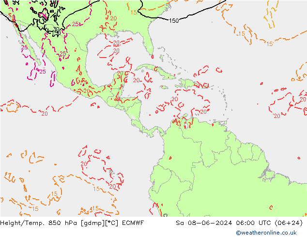 Géop./Temp. 850 hPa ECMWF sam 08.06.2024 06 UTC