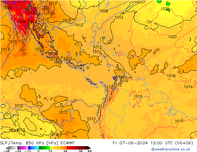 SLP/Temp. 850 hPa ECMWF  07.06.2024 12 UTC