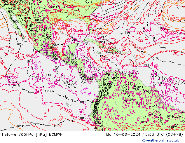 Theta-e 700гПа ECMWF пн 10.06.2024 12 UTC