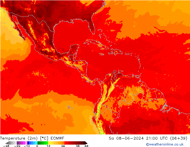 Temperatura (2m) ECMWF sáb 08.06.2024 21 UTC