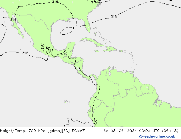 Geop./Temp. 700 hPa ECMWF sáb 08.06.2024 00 UTC