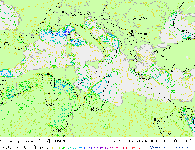 Isotachen (km/h) ECMWF Di 11.06.2024 00 UTC