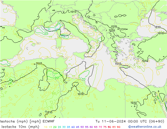 Isotachen (mph) ECMWF di 11.06.2024 00 UTC