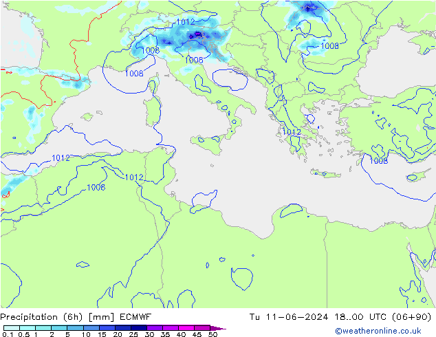 Totale neerslag (6h) ECMWF di 11.06.2024 00 UTC