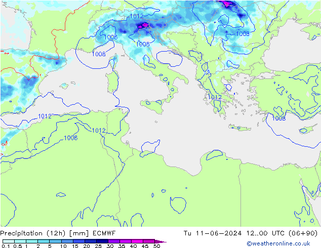 Precipitación (12h) ECMWF mar 11.06.2024 00 UTC