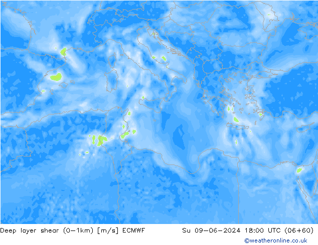 Deep layer shear (0-1km) ECMWF dom 09.06.2024 18 UTC