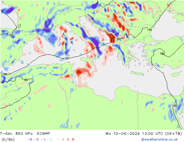 T-Adv. 850 hPa ECMWF Pzt 10.06.2024 12 UTC