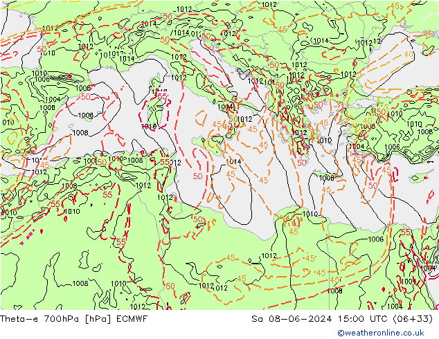 Theta-e 700hPa ECMWF sáb 08.06.2024 15 UTC